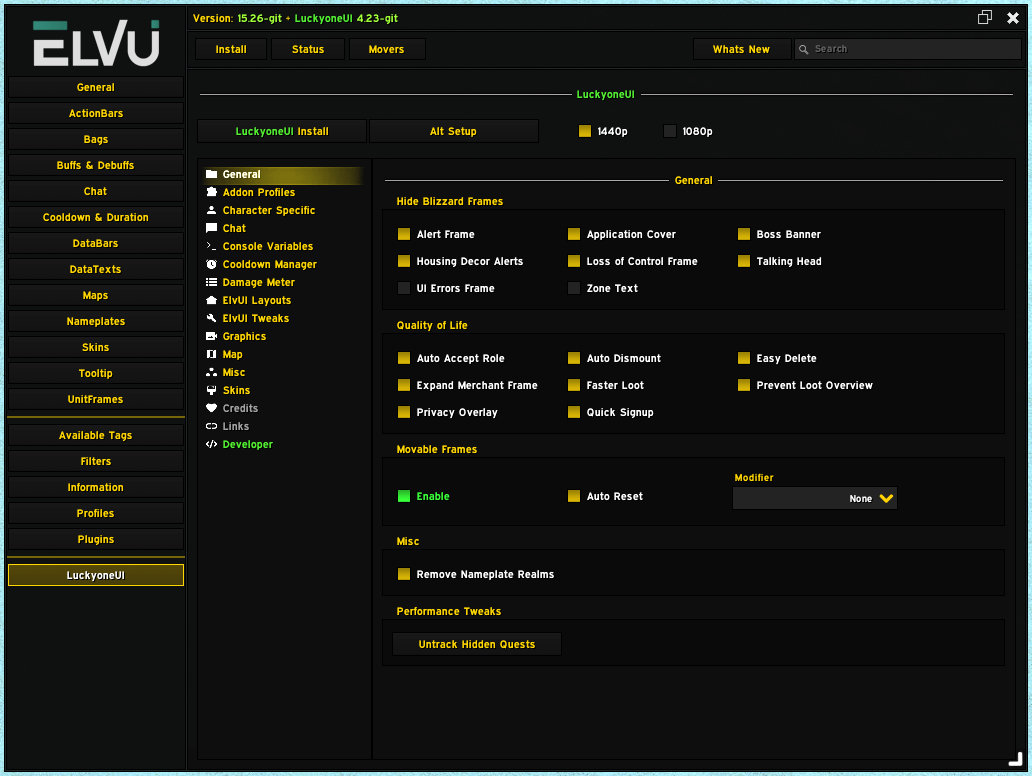 LuckyoneUI configuration inside the ElvUI options